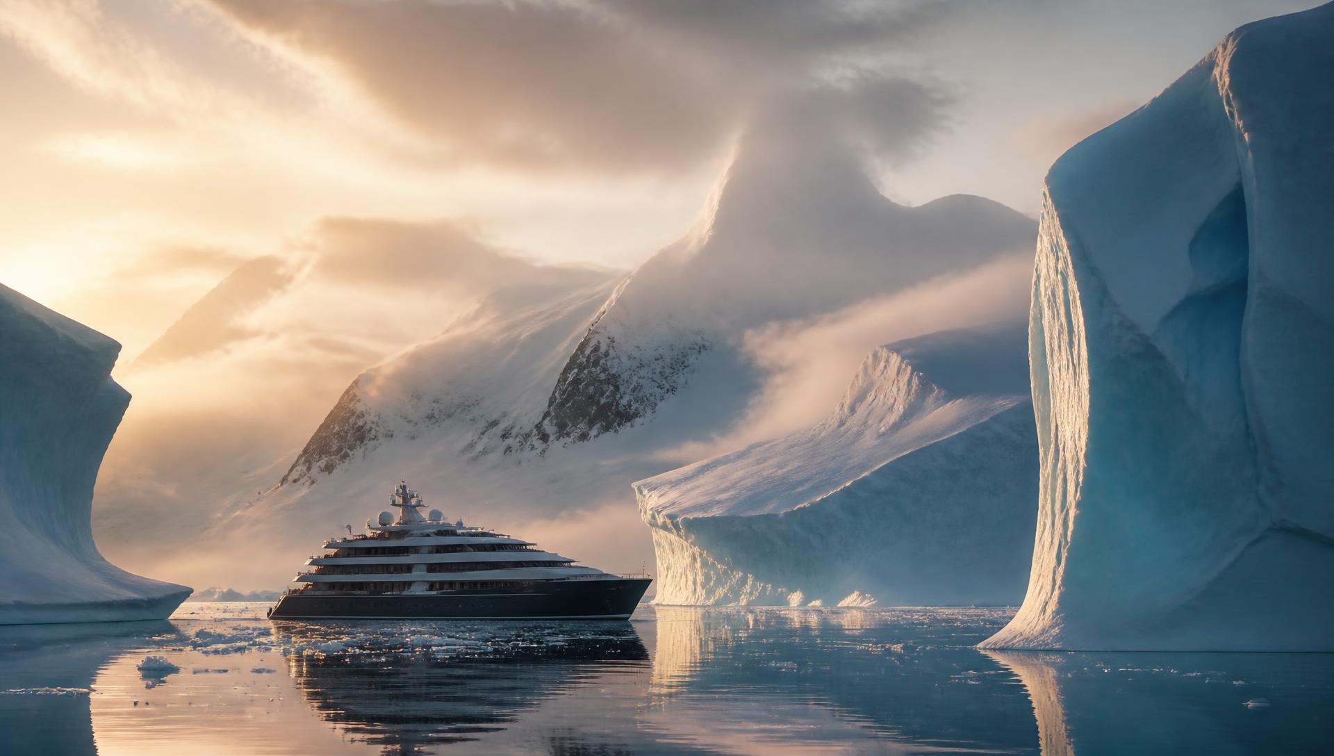 A remote coastline at first light, seen from the deck of an expedition ship