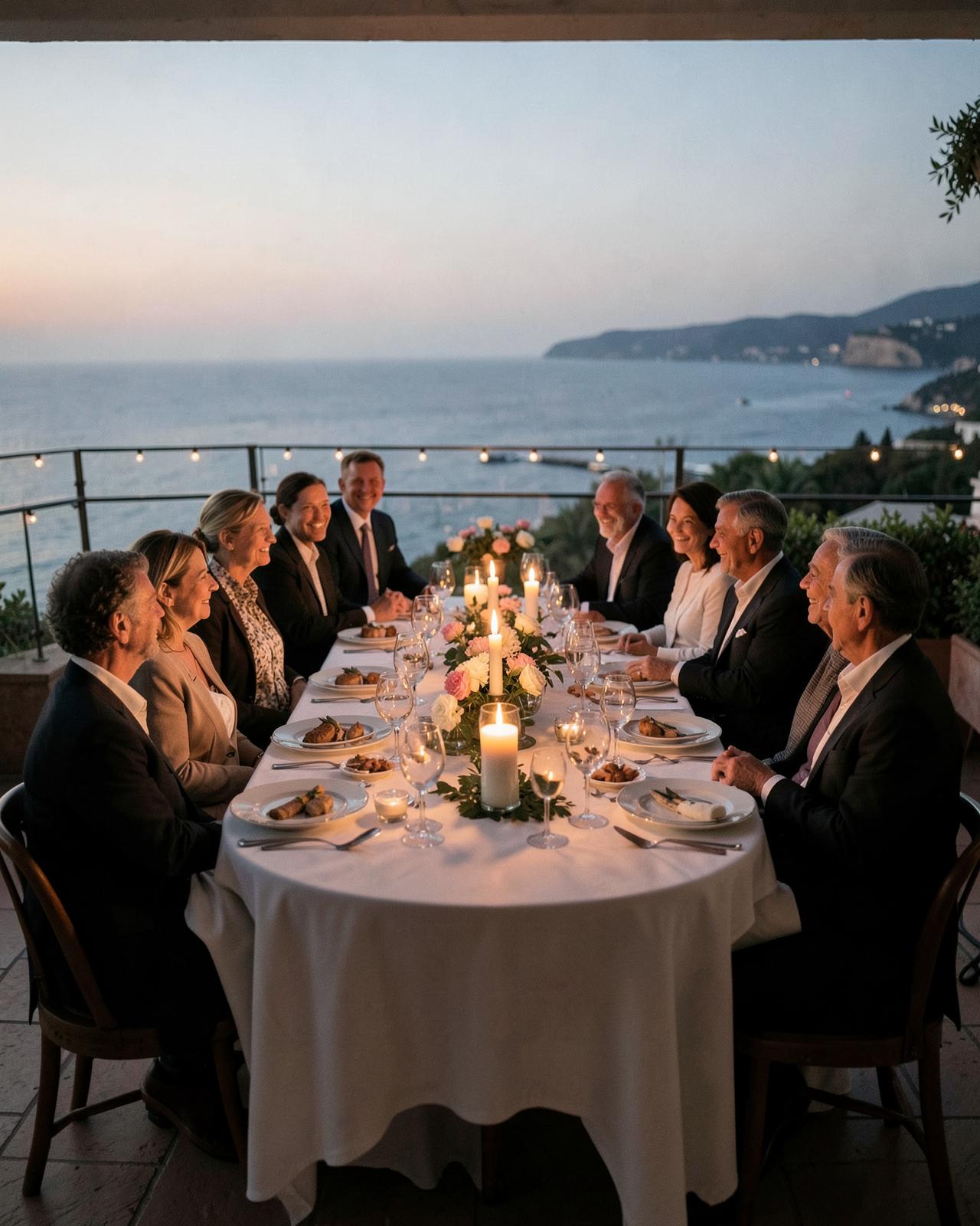 A private group gathered for dinner beneath open sky