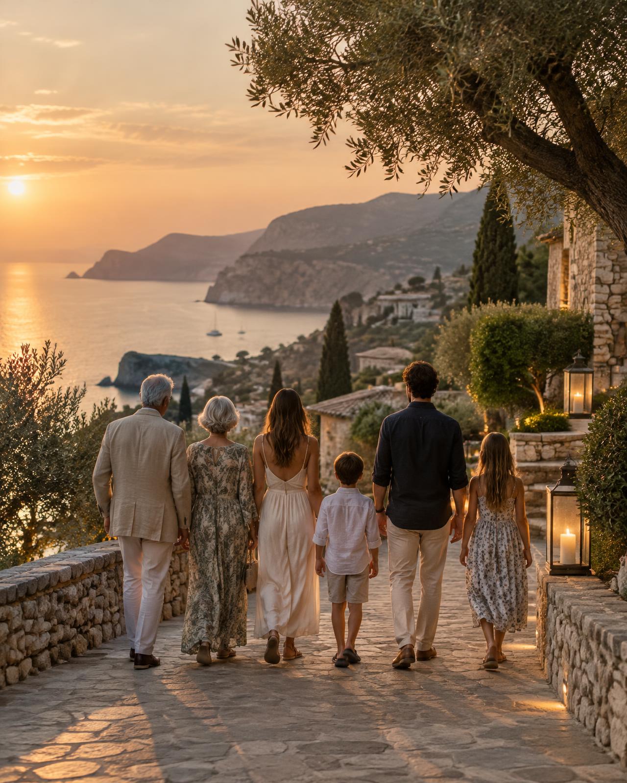 A multigenerational group walking a coastal terrace path at sunset