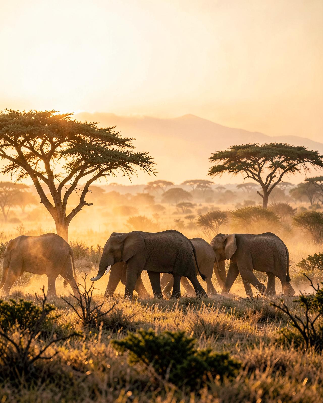 A safari camp at golden hour on an open savannah